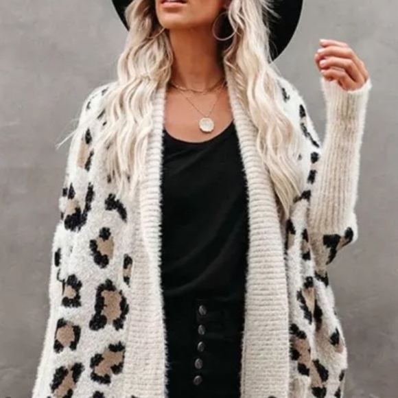 New Boho Chic Oversized Fuzzy Leopard Cardigan Sweater Ivory Tan Black - Picture 5 of 11
